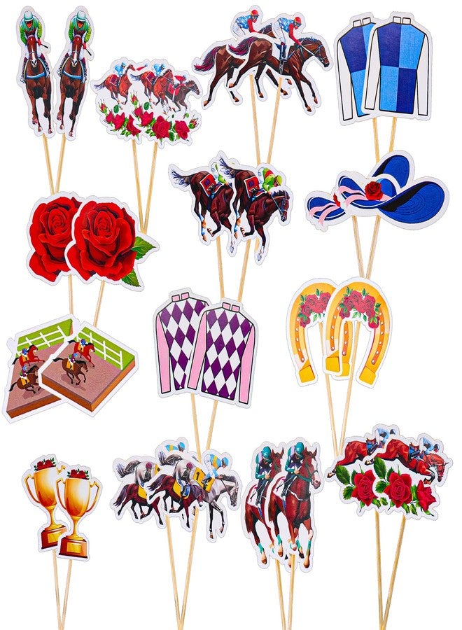 Seqiuay 30 PCS Kentucky Derby Cupcake Decorations, 15 Styles Horse Cupcake Toppers (with 30 Toothpicks) for Kentucky Derby Party Supplies - Image 1
