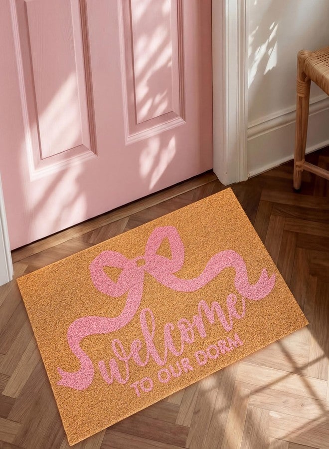 Dunzy Pink Bow Dorm Doormat 29.5 x 17.5'' Cute Ribbon Bowknot Coco Coir Floor Mat Welcome to Our Dorm Coquette College Room Necessity Non-Slip Entrance Door Rugs Gift for Her Rooms Bathroom - Image 1