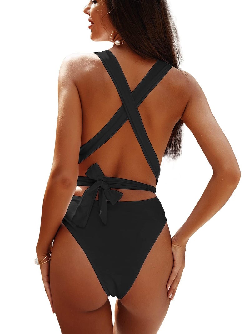 Lilosy Sexy Lace Up Plunge Neck Backless High Waisted Low Cut Leg Rise Thong Cheeky Brazilian 1 Piece Bikini Swimsuit Women Back Bathing Suit Tie Criss Cross Monokini Black Large - Image 3