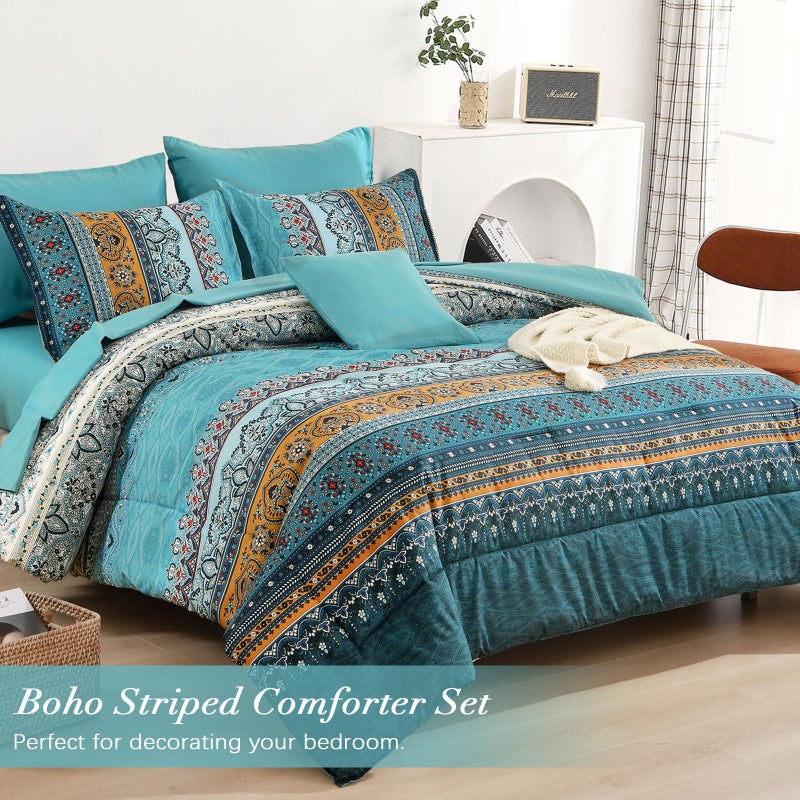 Cottolester Boho Queen Comforter Set 8 Pieces Teal and Yellow Bohemian Comforter Paisley Striped Bed in A Bag Soft Microfiber Bedding Set for All Season - Image 2