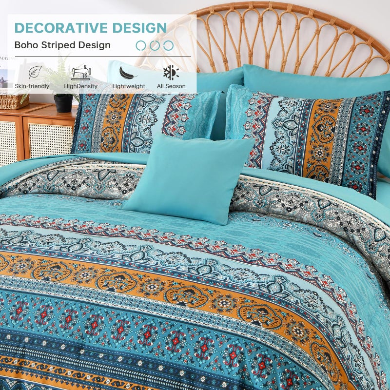 Cottolester Boho Queen Comforter Set 8 Pieces Teal and Yellow Bohemian Comforter Paisley Striped Bed in A Bag Soft Microfiber Bedding Set for All Season - Image 3