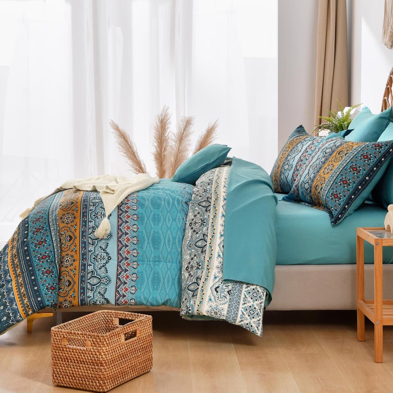 Cottolester Boho Queen Comforter Set 8 Pieces Teal and Yellow Bohemian Comforter Paisley Striped Bed in A Bag Soft Microfiber Bedding Set for All Season - Image 5