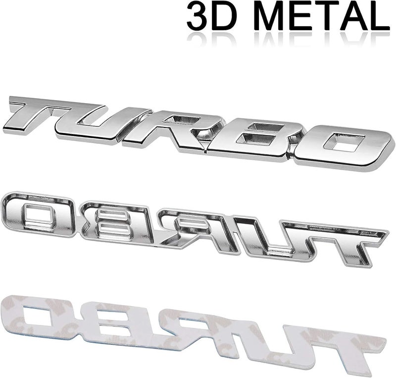Automaze 2 Pcs 3D Metal Turbo Logo Car Side Fender Rear Trunk Emblem Badge Sticker Decals for All Cars, 10 X 1 CM, Pack of 2, Chrome - Image 3