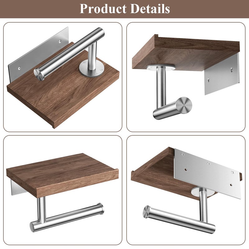 Tindbea Toilet Paper Holder with Wood Shelf, Wooden Wall Mount Tissue Paper Roll Holder, Brushed Nickel Stainless Steel Bathroom Accessories Decor Household Home Apartment Restroom Essentials (Walnut) - Image 5