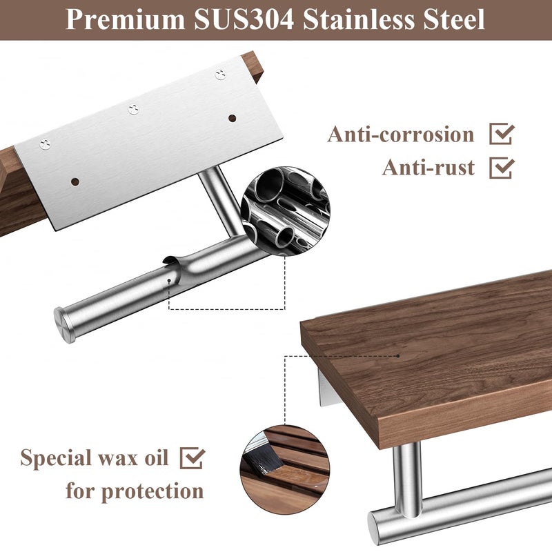 Tindbea Toilet Paper Holder with Wood Shelf, Wooden Wall Mount Tissue Paper Roll Holder, Brushed Nickel Stainless Steel Bathroom Accessories Decor Household Home Apartment Restroom Essentials (Walnut) - Image 4