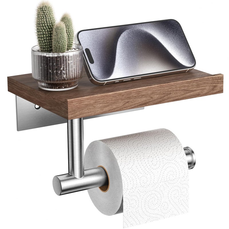 Tindbea Toilet Paper Holder with Wood Shelf, Wooden Wall Mount Tissue Paper Roll Holder, Brushed Nickel Stainless Steel Bathroom Accessories Decor Household Home Apartment Restroom Essentials (Walnut) - Image 1