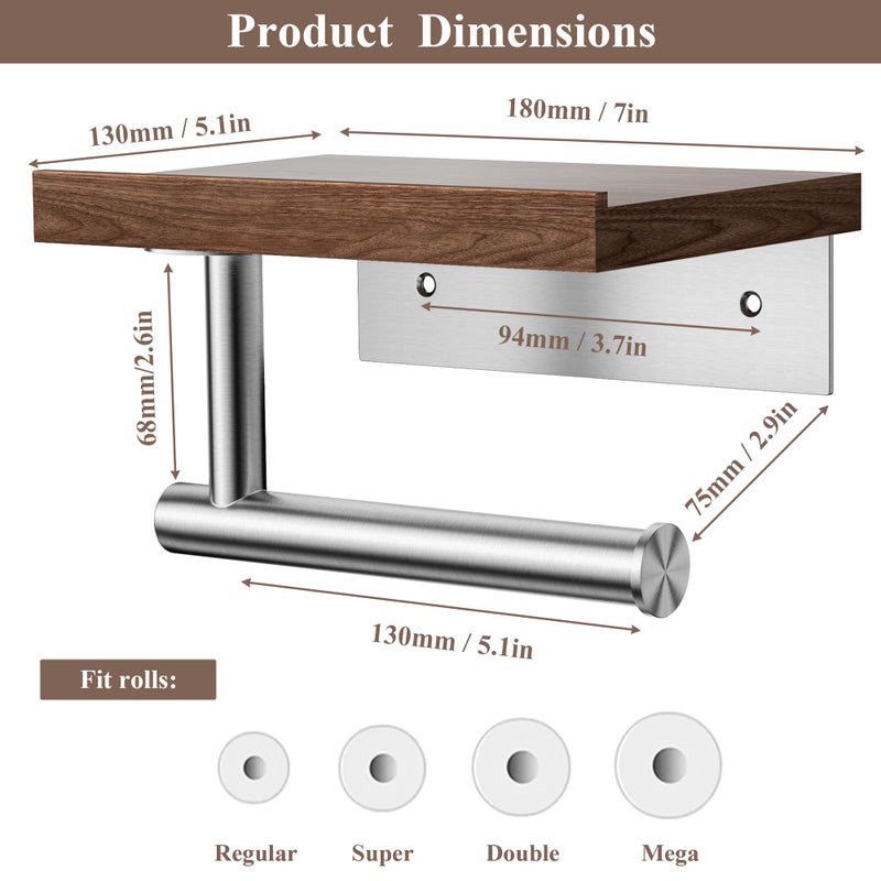 Tindbea Toilet Paper Holder with Wood Shelf, Wooden Wall Mount Tissue Paper Roll Holder, Brushed Nickel Stainless Steel Bathroom Accessories Decor Household Home Apartment Restroom Essentials (Walnut) - Image 3