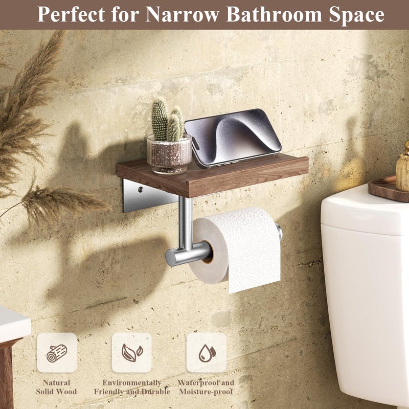 Tindbea Toilet Paper Holder with Wood Shelf, Wooden Wall Mount Tissue Paper Roll Holder, Brushed Nickel Stainless Steel Bathroom Accessories Decor Household Home Apartment Restroom Essentials (Walnut) - Image 2