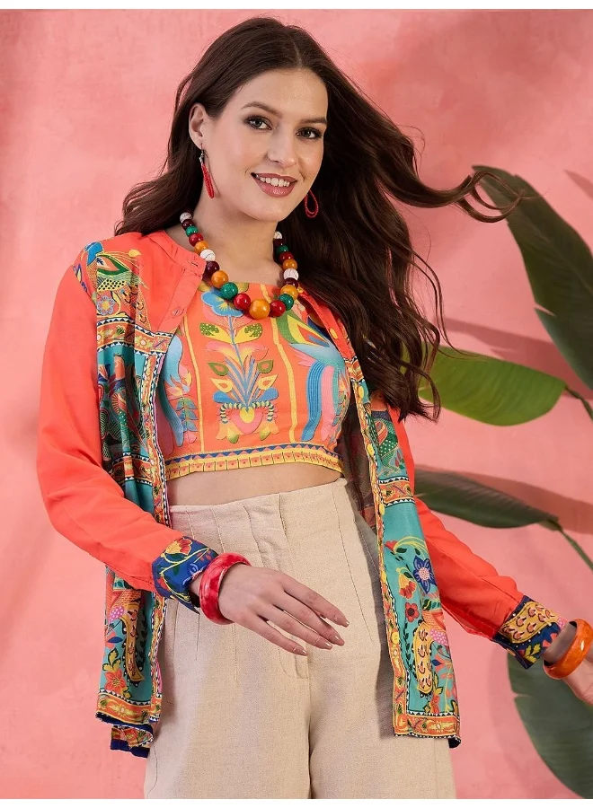 أيه كيه إس قميص تونيك بياقة ماندرين مطبوع بنقوش عرقية