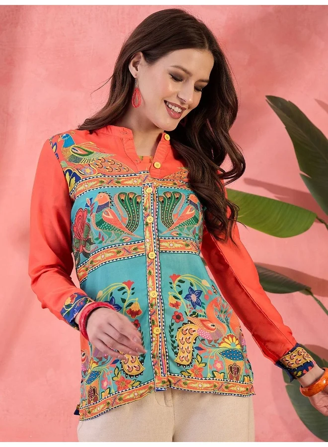 أيه كيه إس Ethnic Motifs Printed Mandarin Collar Shirt Style Tunic