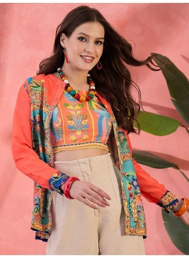 أيه كيه إس قميص تونيك بياقة ماندرين مطبوع بنقوش عرقية