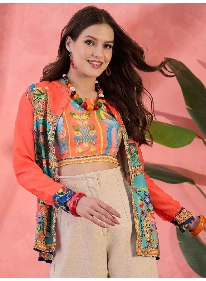 أيه كيه إس قميص تونيك بياقة ماندرين مطبوع بنقوش عرقية