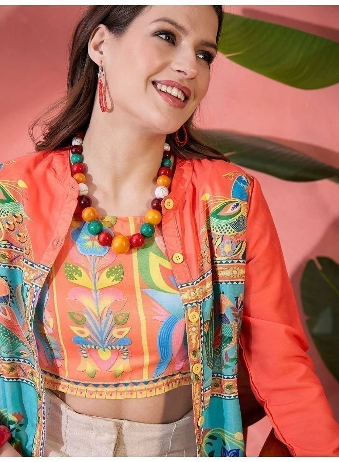 AKS Ethnic Motifs Printed Mandarin Collar Shirt Style Tunic