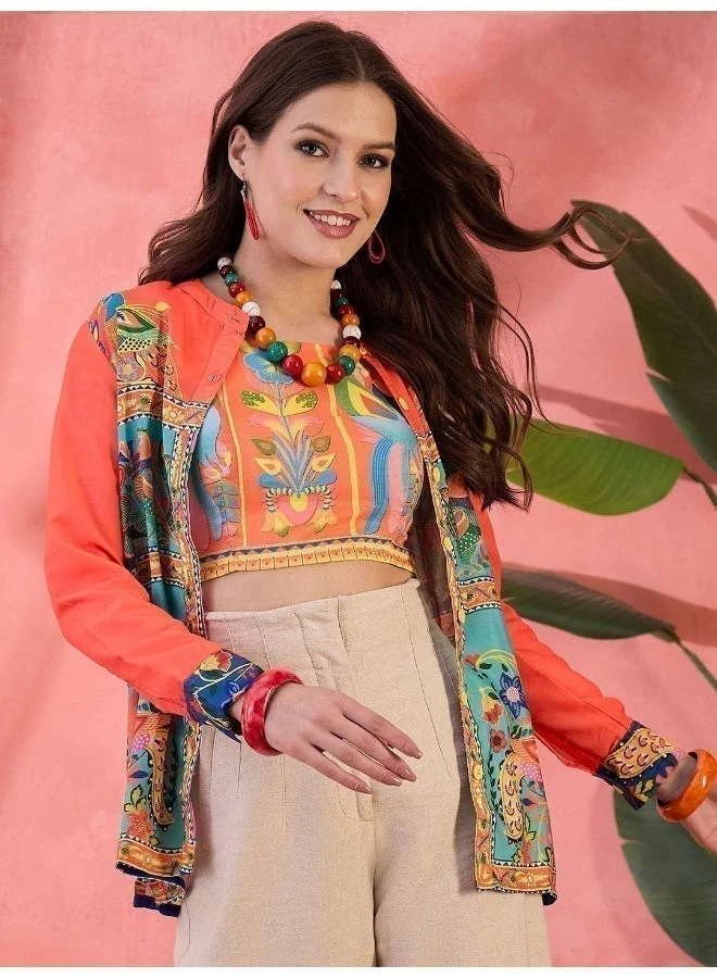 AKS Ethnic Motifs Printed Mandarin Collar Shirt Style Tunic