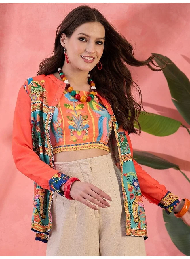 أيه كيه إس قميص تونيك بياقة ماندرين مطبوع بنقوش عرقية