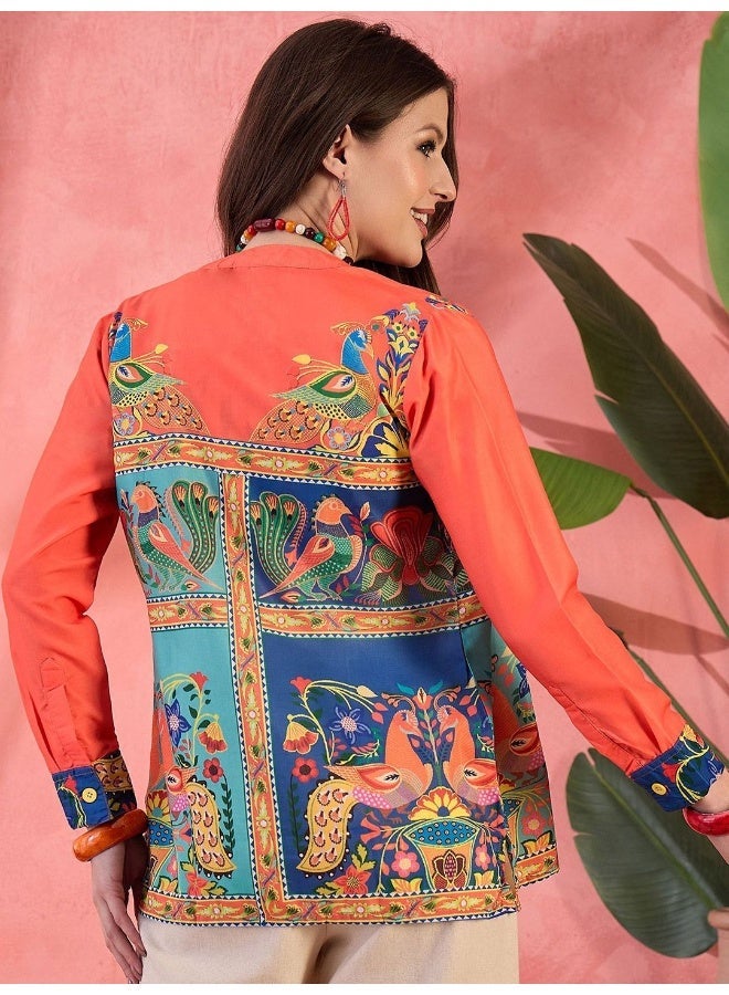 AKS Ethnic Motifs Printed Mandarin Collar Shirt Style Tunic - Image 5
