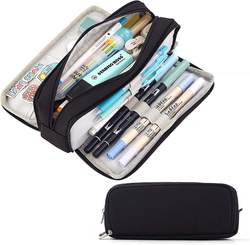 Jiada Large Capacity 3 Compartments Pencil Box for Girls & Boys | Stationery Pouch for School Kids College Students | Black - Image 1