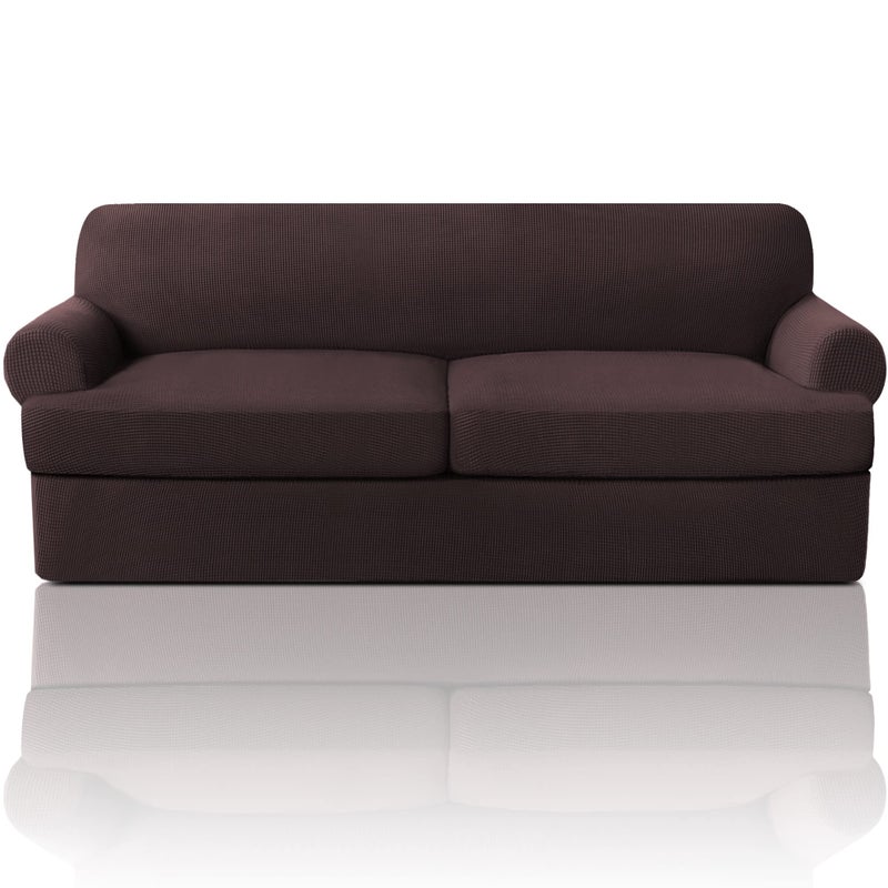 PrinceDeco PrinceDeco T Cushion Sofa Slipcover 3 Pieces Sofa Covers for T Cushion Sofa Soft Couch Cover Sofa Slip Covers Furniture Covers with 2 Individual T Cushion Shape Seat Covers Machine Washable Brown 
