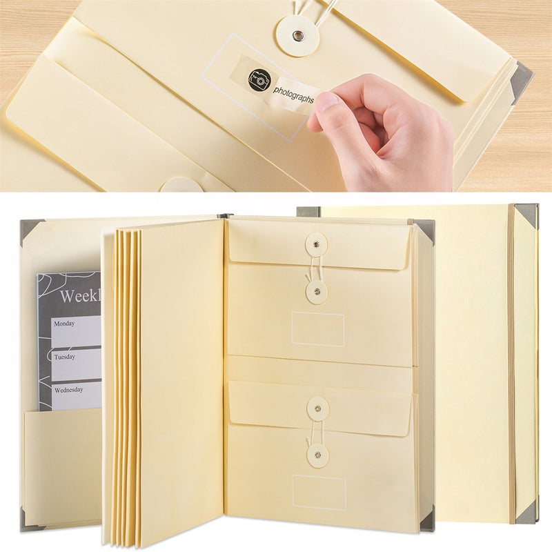 Document Organizer Folio with 12 Pockets Envelopes in Case I Go Missing Binder Important FileOrganizer Comes Labels Sticker for Bills Checks Birth Certificates Estate Planning etc Home School Office,Yellow And Sticker - Image 2
