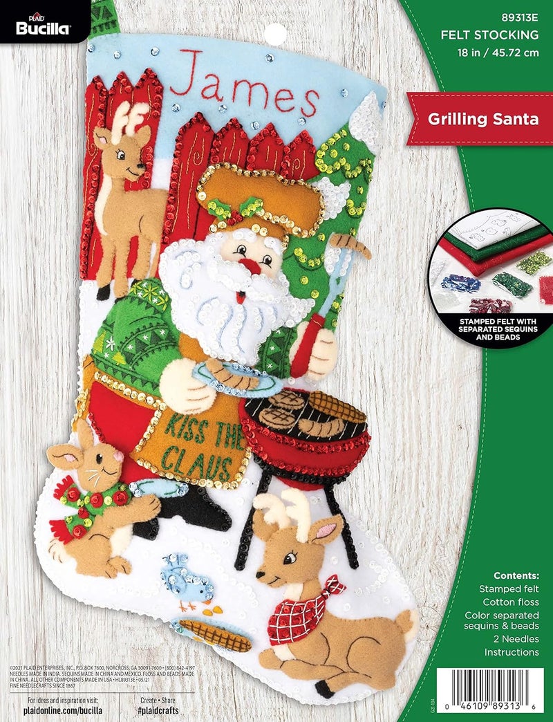 Bucilla, Grilling Santa Christmas 18" Felt Applique Stocking Making Kit, Perfect for DIY Holiday Needlepoint Arts and Crafts, 89313E - Image 1