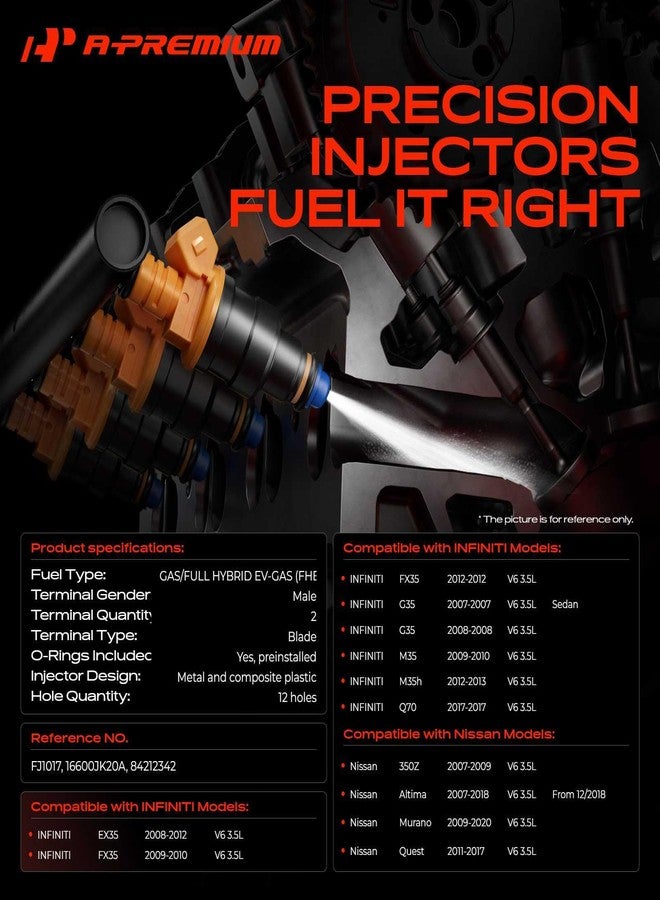 أ-بريميوم حاقنات وقود بديلة من A-Premium لسيارات نيسان ألتيما (2007-2018)، ماكسيما (2009-2018)، مورانو (2009-2019)، باثفايندر (2013-2016)، روغ (2008-2011)، كويست، فرونتير، 350Z، طقم من 6 قطع - Image 2