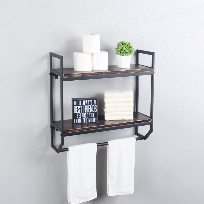 MBQQ 2Tier Metal Industrial 236 Bathroom Shelves Wall MountedRustic Wall Shelf Over ToiletTowel Rack with Towel BarUtility Storage Shelf Rack Floating Shelves Towel HolderRetro Black 