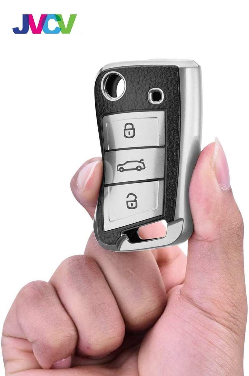 JVCV® Premium Soft TPU Leather Pattern Key Cover Compatible with Skoda Kushaq Taigun Octavia Kodiaq Superb Folding Key (Silver with Keychain Style B) - Image 3