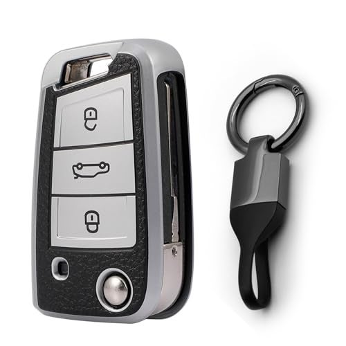 JVCV® Premium Soft TPU Leather Pattern Key Cover Compatible with Skoda Kushaq Taigun Octavia Kodiaq Superb Folding Key (Silver with Keychain Style B) - Image 1
