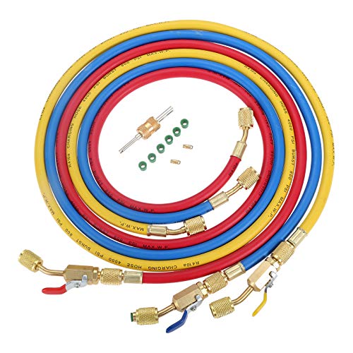 Aupoko AC Refrigerant Charging Hose with Ball Valve, 3-Color 60" R410A HVAC Hoses Kit with 1/4’’ SAE Thread, with Valve Core Remover Kit for R410A R134A R12 R22 R502 R404 Air Condition Maintenance - Image 1