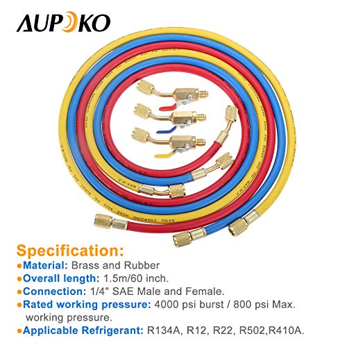 Aupoko AC Refrigerant Charging Hose with Ball Valve, 3-Color 60" R410A HVAC Hoses Kit with 1/4’’ SAE Thread, with Valve Core Remover Kit for R410A R134A R12 R22 R502 R404 Air Condition Maintenance - Image 2