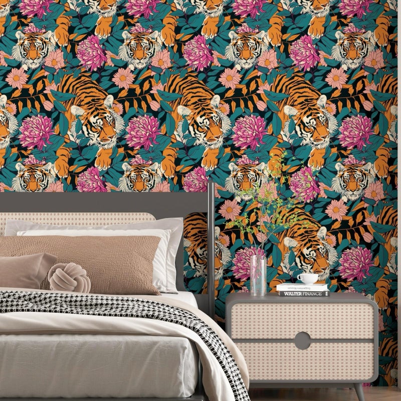 BOKEBEVE Extra Long Tiger Stick and Peel Wallpaper Vintage Floral Contact Paper Retro Boho Leaf Wall Paper Removable Renter Friendly Wall Decor for Bathroom Cabinet 17.5 x 393.5In - Image 4