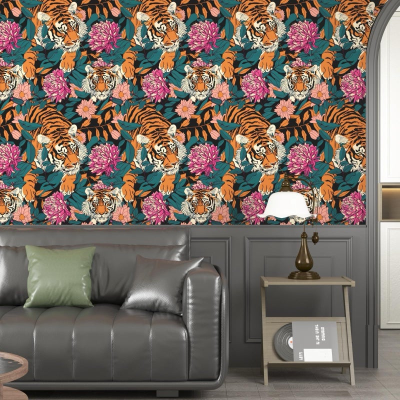 BOKEBEVE Extra Long Tiger Stick and Peel Wallpaper Vintage Floral Contact Paper Retro Boho Leaf Wall Paper Removable Renter Friendly Wall Decor for Bathroom Cabinet 17.5 x 393.5In - Image 3