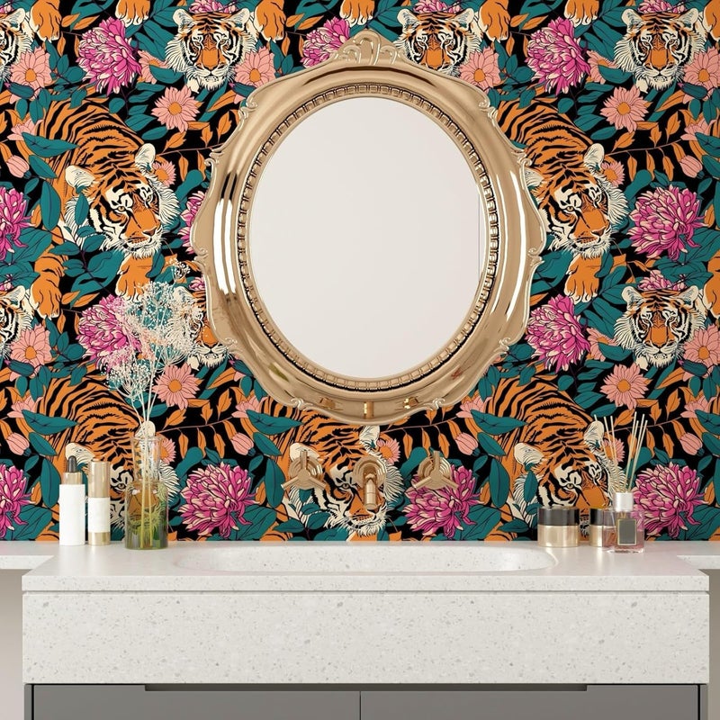 BOKEBEVE Extra Long Tiger Stick and Peel Wallpaper Vintage Floral Contact Paper Retro Boho Leaf Wall Paper Removable Renter Friendly Wall Decor for Bathroom Cabinet 17.5 x 393.5In - Image 2