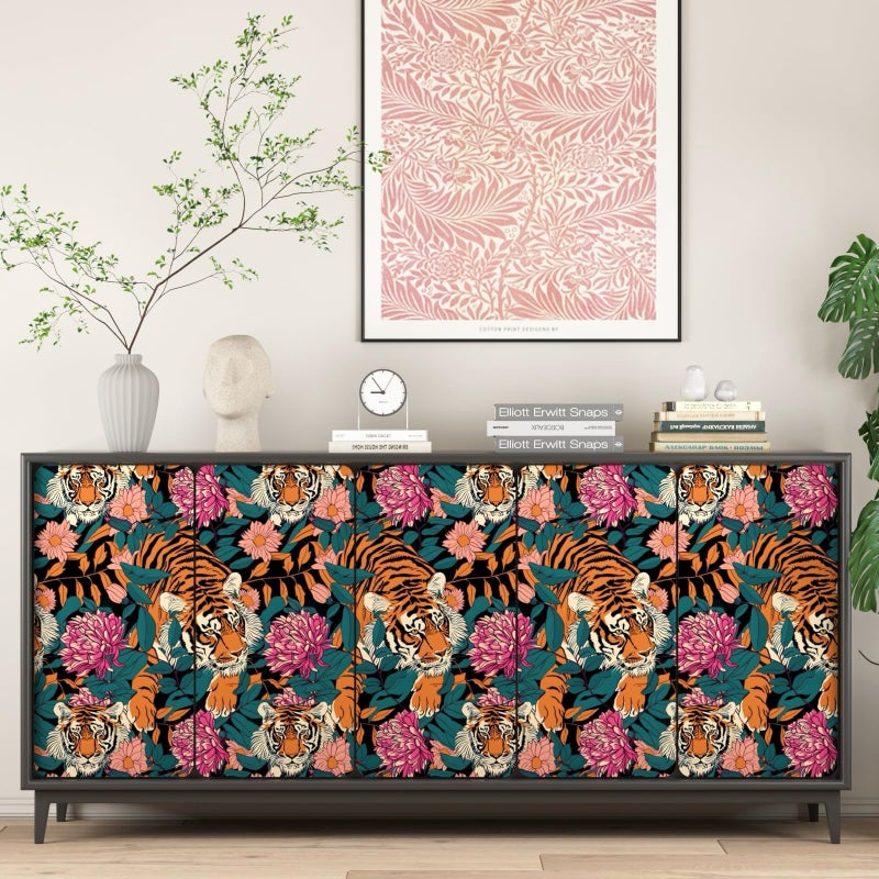 BOKEBEVE Extra Long Tiger Stick and Peel Wallpaper Vintage Floral Contact Paper Retro Boho Leaf Wall Paper Removable Renter Friendly Wall Decor for Bathroom Cabinet 17.5 x 393.5In - Image 5