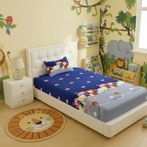 Filymore Animal Carnival Single Bedsheet for Kids Animal Cartoon Bedsheet for Kids Room Made with Microfiber(Size 60 X 90 Inches) 1 Bedsheet with 1 Pillow Cover (Color-Blue and Grey) - Image 1