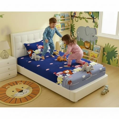 Filymore Animal Carnival Single Bedsheet for Kids Animal Cartoon Bedsheet for Kids Room Made with Microfiber(Size 60 X 90 Inches) 1 Bedsheet with 1 Pillow Cover (Color-Blue and Grey) - Image 4