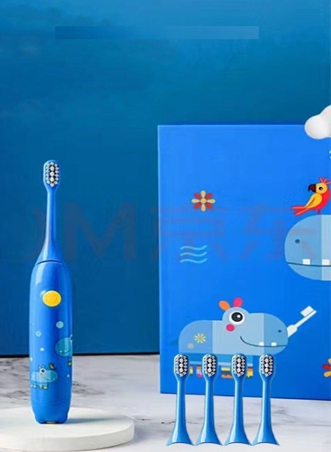 NKX Children's Electric Toothbrush Super Soft Waterproof Teeth Cleaning Artifact Battery Powered (4 Heads) with Stand - Image 1