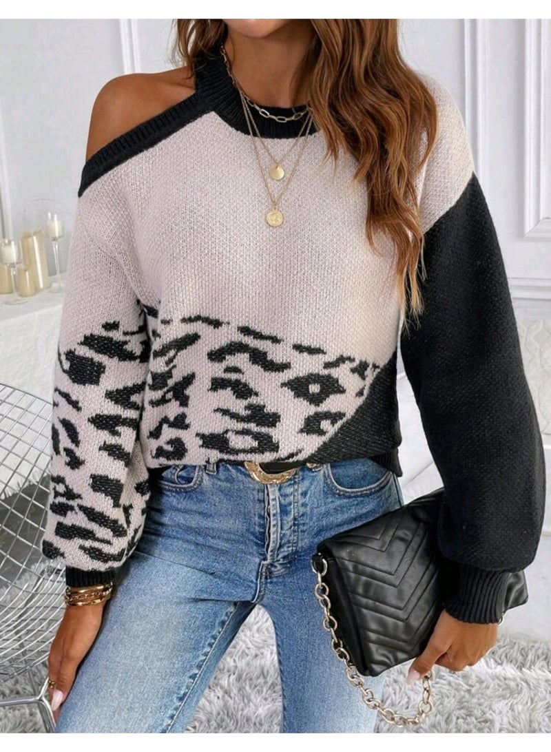 SHEIN LUNE Colorblock Open Shoulder Sleeve Graphic Printed Casual Pullover - Image 1