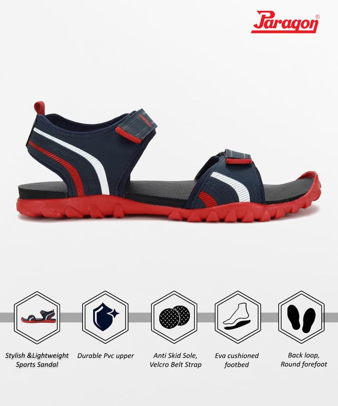 PARAGON K1423G Sandals for Men | Durable, Comfortable & Lightweight Sandals with Ultra Soft Footbed & Adjustable Velcro Strap | Ideal for Outdoor Use Navy Blue - Red - Image 3