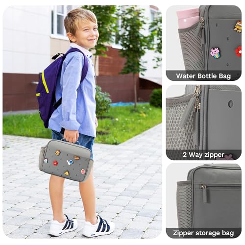 Uxeqtop Kid Insulated Lunch Bag Cute Lunch Box Reusable Lunch Tote for School Picnic Birthday Gifts for Boy(Grey) - Image 5