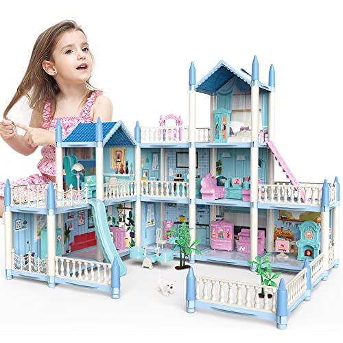 deAO Dollhouse for Girls - 3 Story 11 Rooms DIY Building Pretend Play House with Accessories Furnitures with Outdoor Space Open Sided Princess Castle Playset for Girls Kids - Image 1