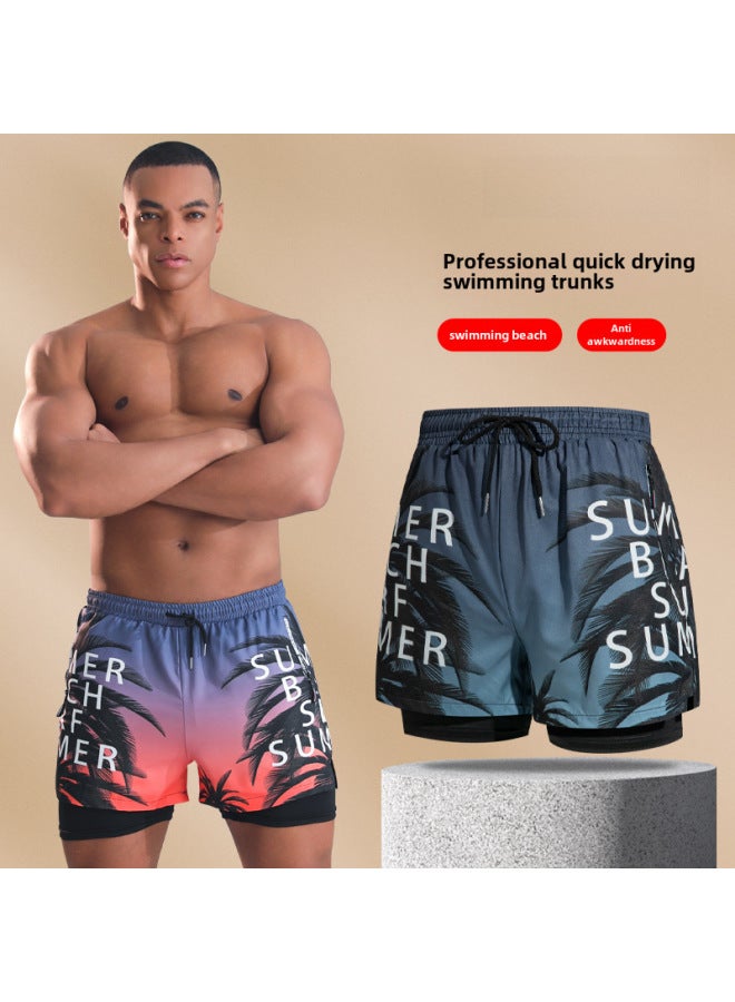 إسكدنيا شورت سباحة مزدوج الطبقات مع سحاب للرجال، ملابس سباحة بخمس نقاط، سراويل شاطئ احترافية مضادة للإحراج، معدات سباحة للبالغين - اللون: شورت سباحة جوز الهند الأزرق مزدوج الطبقة (سحاب) - - Image 2