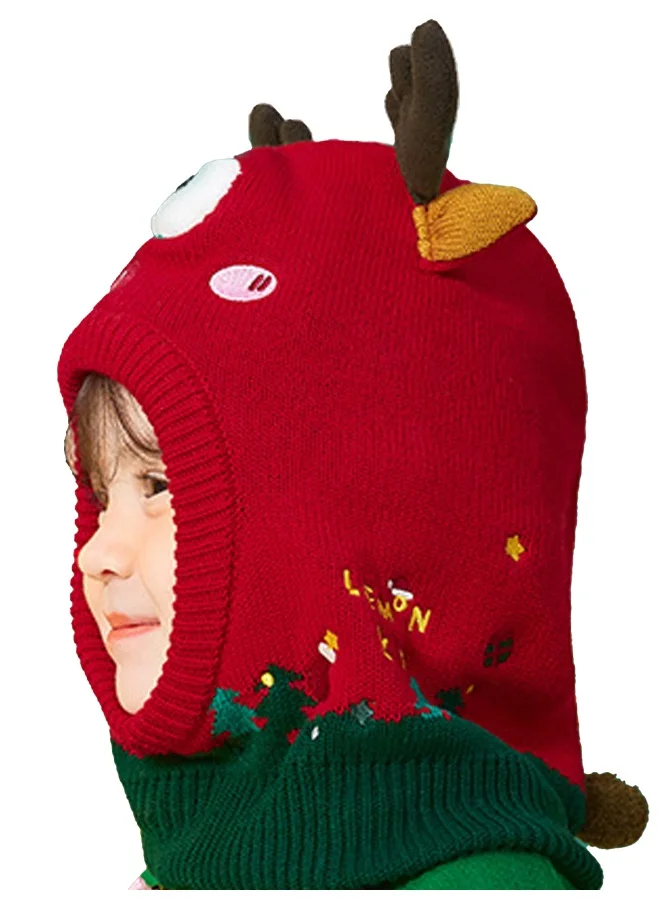 LITTLE SURPRISE BOX Knitted Christmas Reindeer theme Winter Cap covering  Neck Ears and Head for Minus degree Temperature5 yrs and above