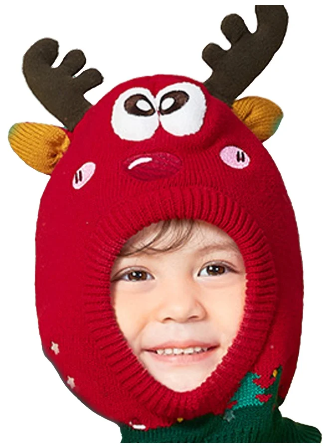LITTLE SURPRISE BOX Knitted Christmas Reindeer theme Winter Cap covering  Neck Ears and Head for Minus degree Temperature5 yrs and above