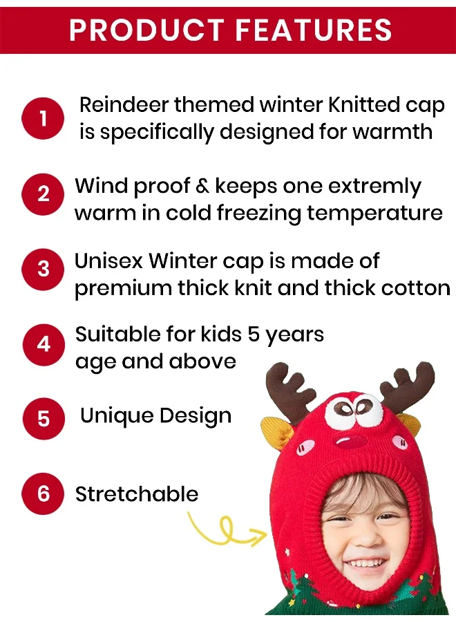 LITTLE SURPRISE BOX Knitted Christmas Reindeer theme Winter Cap covering  Neck Ears and Head for Minus degree Temperature5 yrs and above
