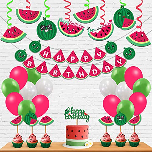 Festiko® Watermelon Theme Birthday Party Decorations Items for Baby Boys/girls/Kids Supplies-6months/1st/One/(All in One Happy Birthday Banner,Swirls,Balloons,Cake Toppers,Cup Cake Topper,Ribbons)- 36 Pcs - Image 1