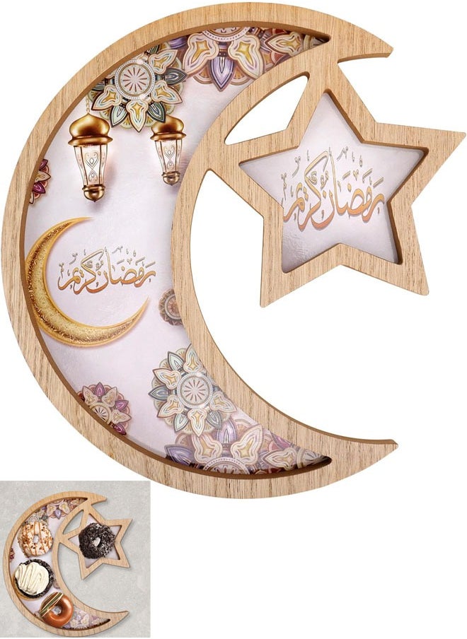 VUCATIN صينية خشبية لرمضان، صينية عيد رمضان، ديكورات منزلية لصينية قمر رمضان ونجمة رمضان، ديكور منزلي، صينية تقديم رمضانية لتزيين الحفلات، صينية طعام، طبق تقديم البسكويت والوجبات الخفيفة  - Image 1
