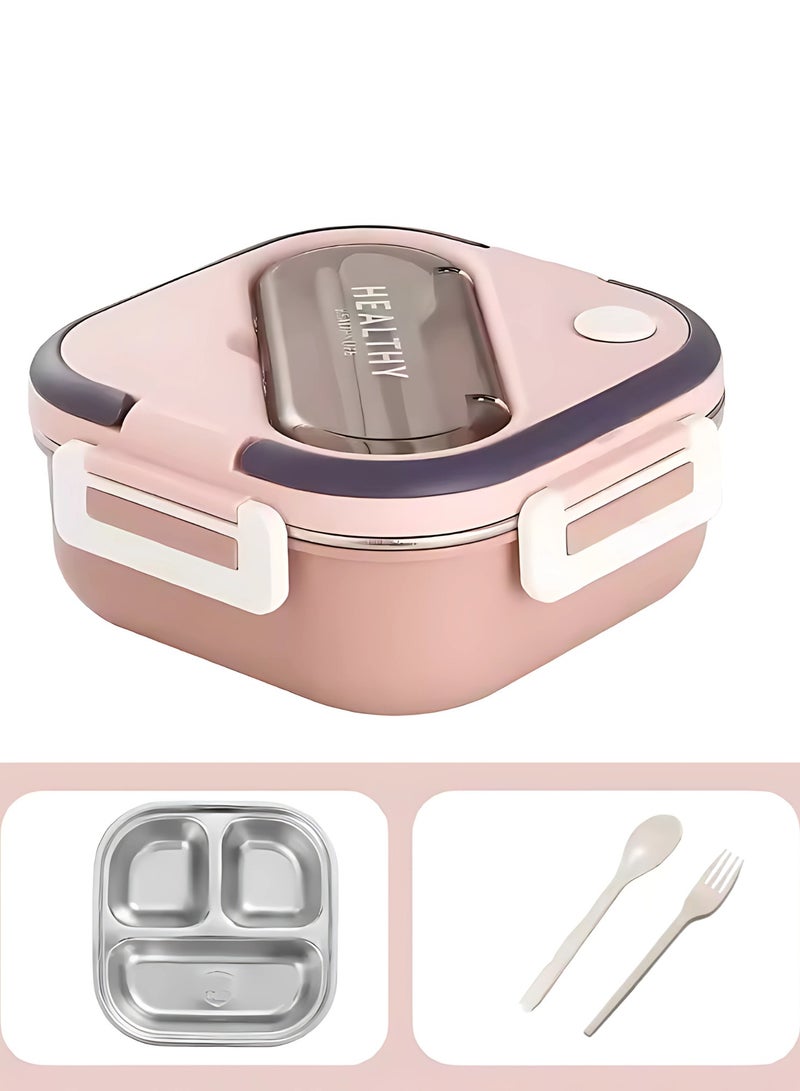 Twisoo Twisoo Stainless Steel Bento Box, Lunch Box with Spoon & Fork, 3 Compartments Carrying Handle Bento Lunch Box for Adults, Children, Students, Bento Lunch Containers for Dining Out, School (Pink)  - Image 1