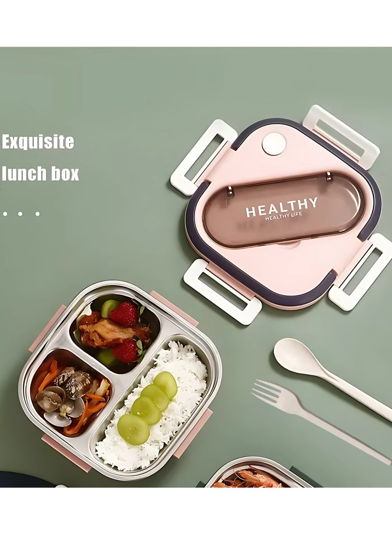 Twisoo Twisoo Stainless Steel Bento Box, Lunch Box with Spoon & Fork, 3 Compartments Carrying Handle Bento Lunch Box for Adults, Children, Students, Bento Lunch Containers for Dining Out, School (Pink)  - Image 3