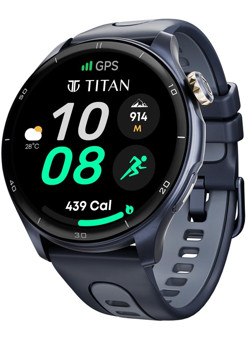 TITAN Celestor Smart Watch 1.43"AMOLED Round Display, Opto-Mechanical Crown, In-Built GPS, Altimeter, Barometer, Compass, BT Calling Blue / Blue
